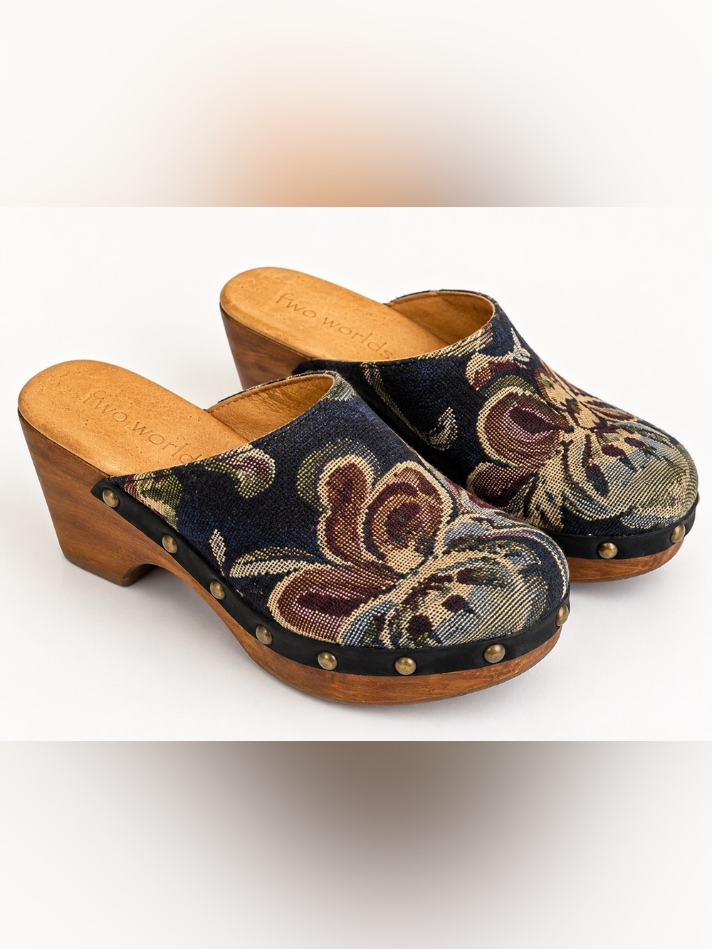 Anthropology Five Worlds Floral Tapestry Wooden Clog Mules Size 9 Cottagecore